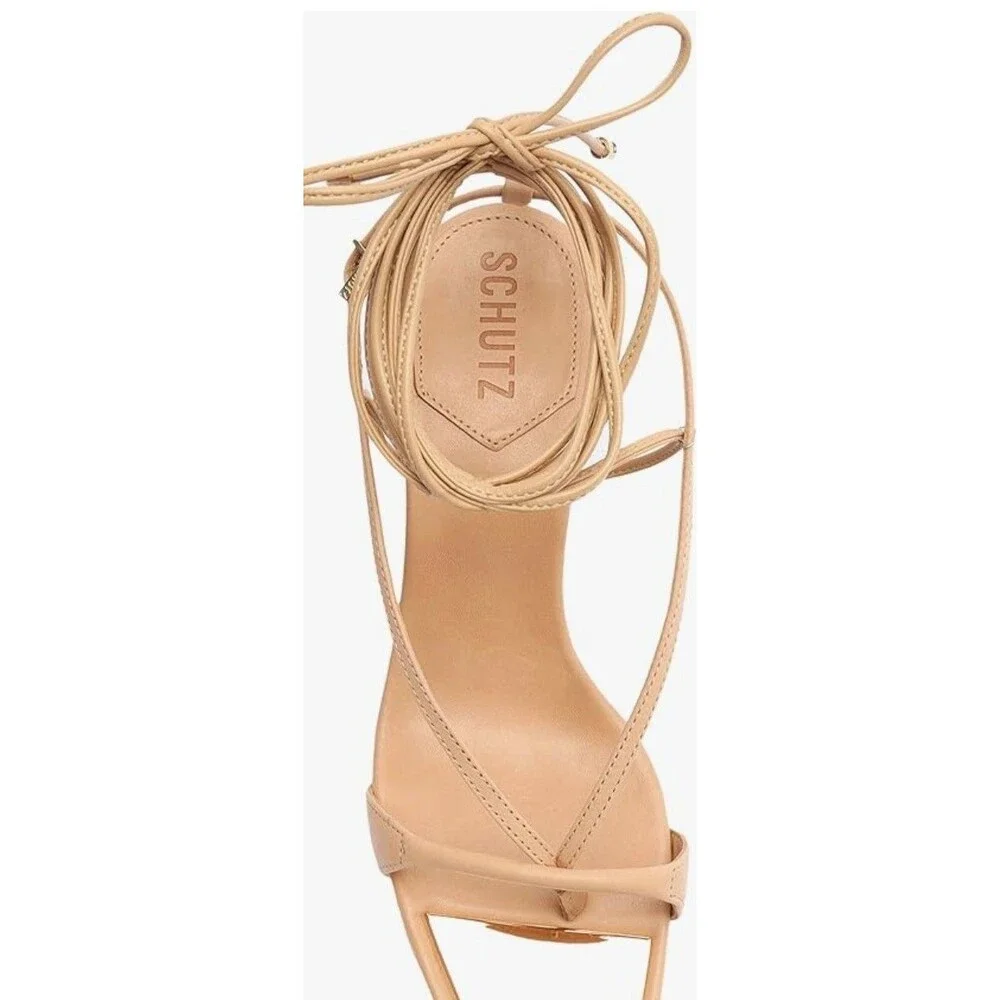 New SCHUTZ Beige Vikki Lace Up Square Thong Toe Stiletto Sandals Brazil US 9.5B - Picture 8 of 9